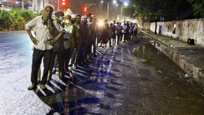 Migrant workers queue up for food in a Surat neighbourhood | Photo: Praveen Jain | ThePrint