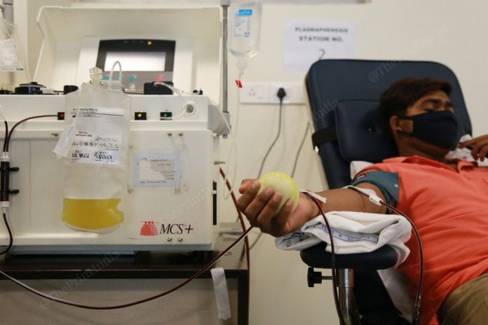 The administration of plasma therapy at the Institute of Liver and Biliary Sciences in New Delhi. | Photo: Manisha Mondal | ThePrint