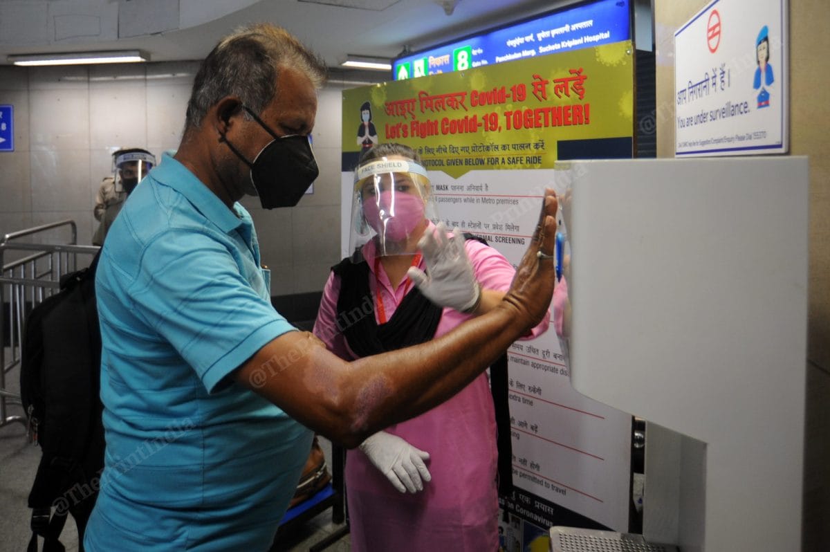 At the entry point of each station, there is an automatic thermal scanner with an attached sanitiser | Suraj Singh Bisht | ThePrint