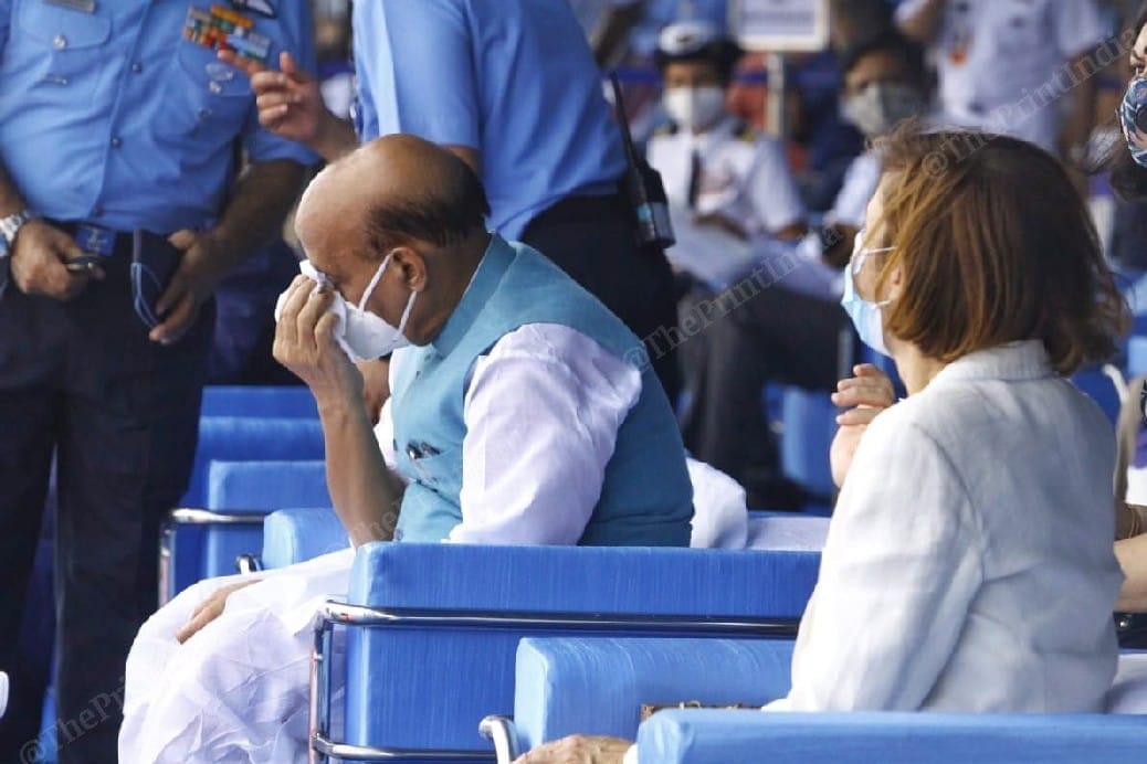 Defence Minister Rajnath Singh with his counterpart French minister wiping his swept at the air force function | Photo: Praveen Jain | ThePrint