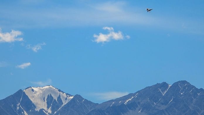 An IAF fighter jet flies over Leh after fresh confrontation between India and China on the southern bank of the Pangong Tso, 2 Sep | PTI