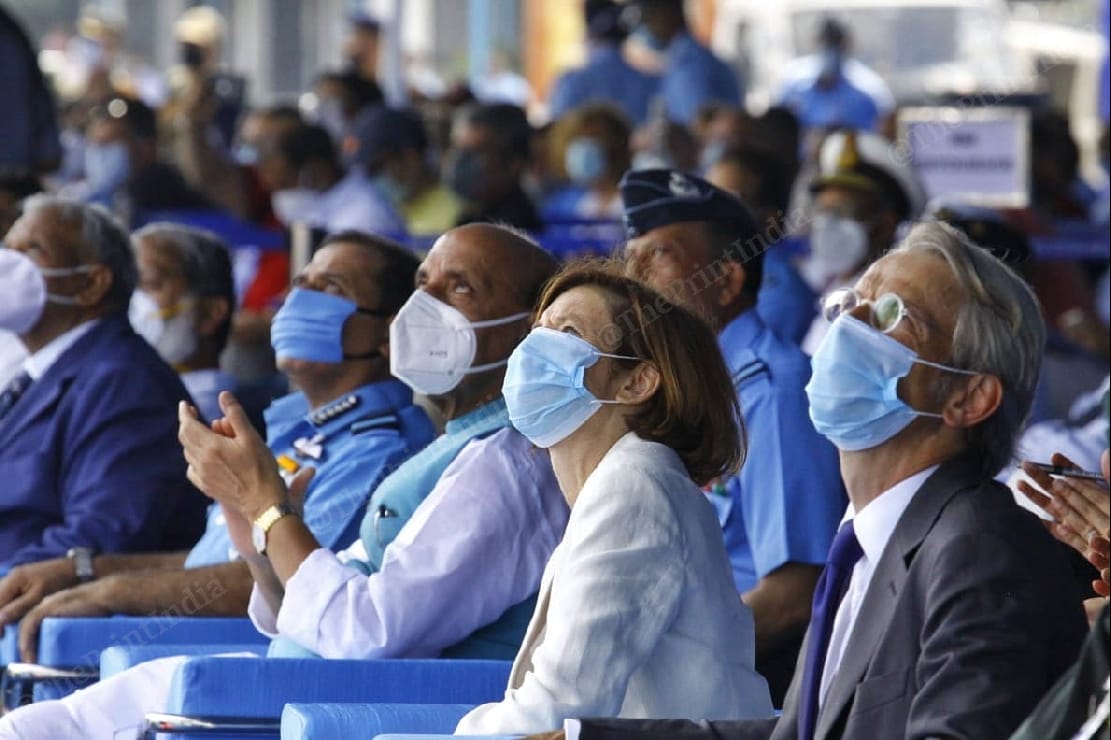 Defence Minister Rajnath Singh and his French counterpart Florence Parly watching the Rafale doing aerobatics in air at the Ambala Air Station | Photo: Praveen Jain | ThePrint