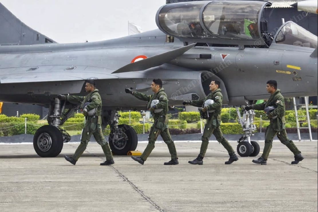 The Rafale pilots walking after carrying out aerobatics in at at the Ambala Air station | Photo: Praveen Jain | ThePrint