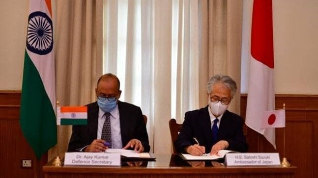 Defence Secretary Ajay Kumar and Japanese Ambassador Suzuki Satoshi signing agreement | Twitter