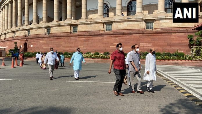 Opposition leaders stage walk-out from Rajya Sabha, demanding revocation of suspended MPs | Twitter/ANI