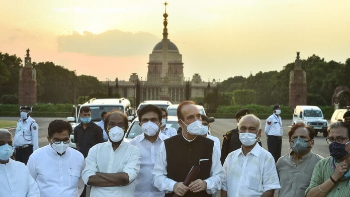 Congress MP Ghulam Nabi Azad with Opposition leaders addresses the media after meeting President Ram Nath Kovind in the Parliament, in New Delhi on 23 September