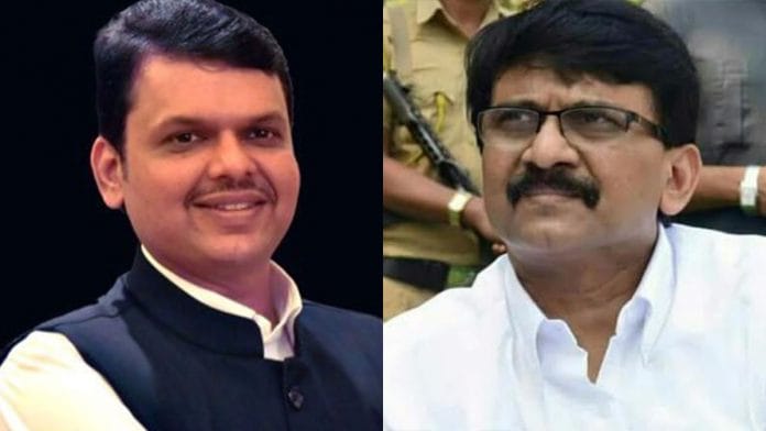 Former Maharashtra CM Devendra Fadnavis (L) and Shiv Sena MP Sanjay Raut