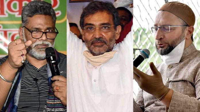 Jan Adhikar Party (JAP) chief Rajesh Ranjan, Rashtriya Lok Samta Party (RLSP) chief Upendra Kushwaha and AIMIM supremo Asaduddin Owaisi. | Photo: ANI