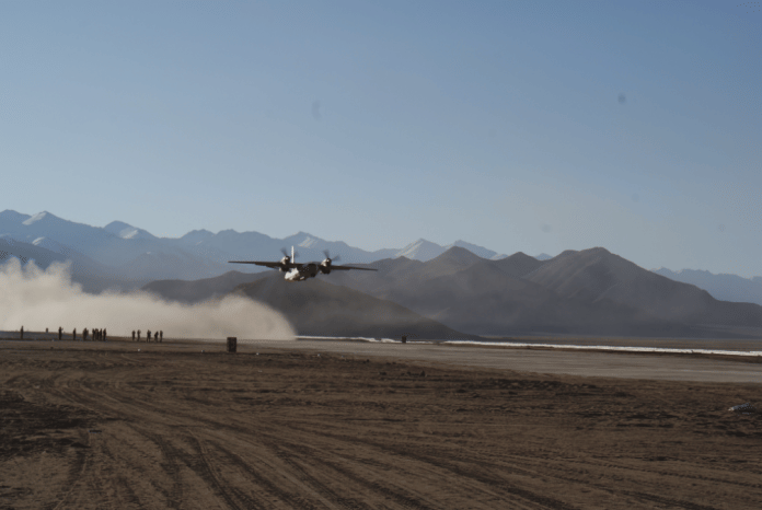 An IAF An-32 aircraft on its inaugral landing at the Nyoma airfield in 2009 | Special arrangement