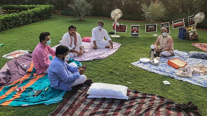 Deputy Chairman of Rajya Sabha Harivansh Narayan Singh offers tea to suspended MPs on Parliament premises | PTI