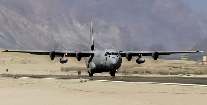 File photo of an Indian Air Force C-130J Super Hercules aircraft operating at a forward airbase near PoK and China border on Sep 25 | ANI Photo