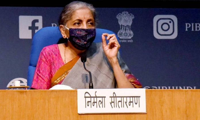 Finance Minister Nirmala Sitharaman at a press conference Monday | ANI