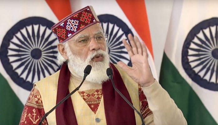 Prime Minister Narendra Modi addresses during the inauguration of Atal tunnel, world's longest highway tunnel, in Manali on 3 October | PTI photo