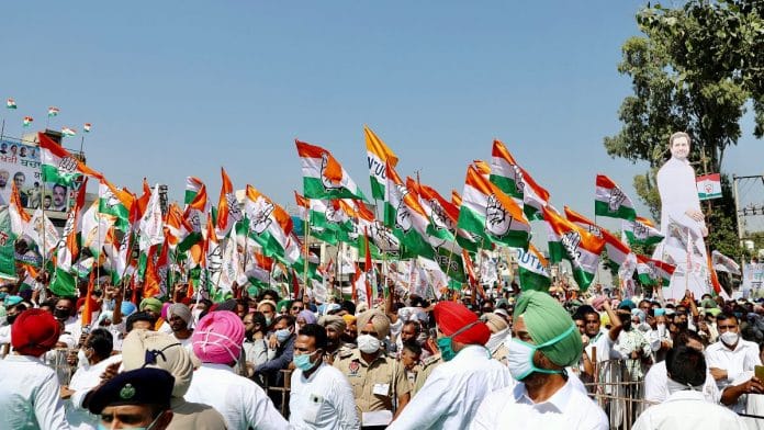 Congress supporters during a farmers rally at Bhawanigarh in Sangrur on 5 October 2020 | ANI
