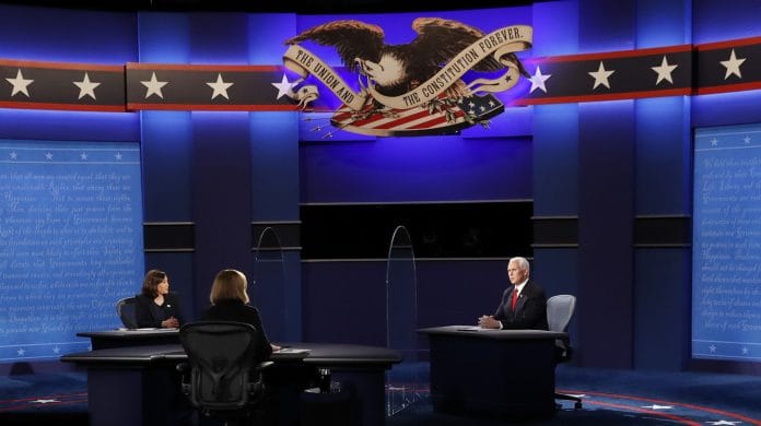 Mike Pence and Kamala Harris during the US vice presidential debate at the University of Utah on 7 October
