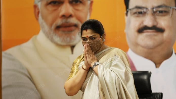 Actress-turned-politician Khushbu Sundar joined the BJP at the party headquarters in Delhi Monday | Manisha Mondal | ThePrint