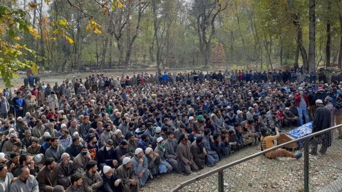 The funeral of Umer Ramzan, 24, in Kulgam Friday. The funerals of the three slain men drew massive crowds | Azaan Javaid | ThePrint