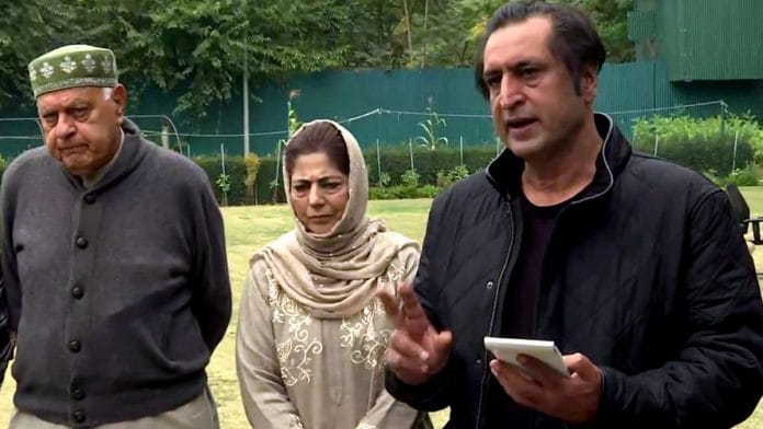 Farooq Abdullah, Mehbooba Mufti and Sajjad Lone during a media conference after meeting of members of 'People's Alliance for Gupkar Declaration in Srinagar, Saturday | ANI