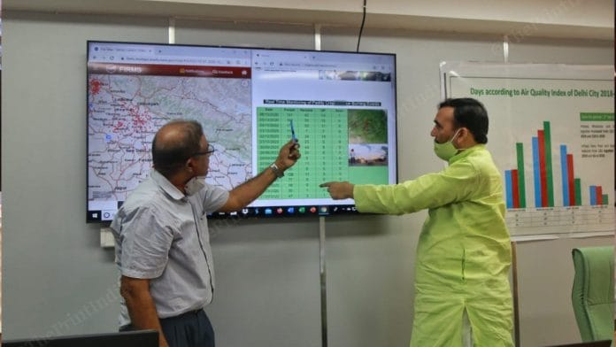 Delhi Environment Minister Gopal Rai (R) launches the Green War Room at the Delhi Secretariat Thursday | Manisha Mondal | ThePrint