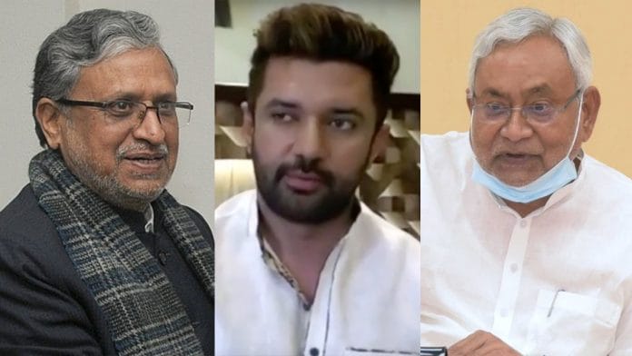(From left) Senior BJP leader Sushil Kumar Modi, LJP’s Chirag Paswan and JD(U) leader and Chief Minister Nitish Kumar | wikimedia commons, Twitter