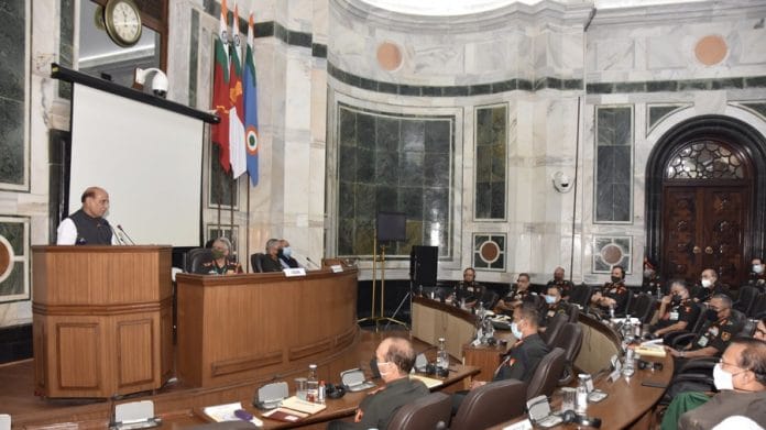 Defence Minister Rajnath Singh addressing the biannual Army Commanders Conference in New Delhi Wednesday | Indian Army