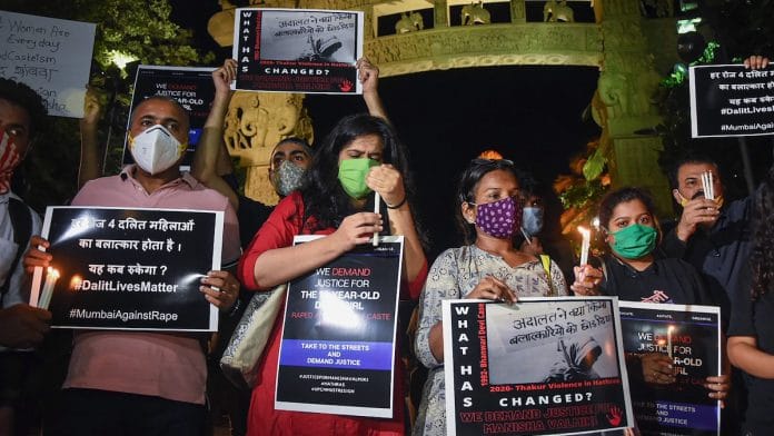 Represenatational image of people demanding justice for the woman allegedly gang raped and murdered in Hathras | File photo: PTI