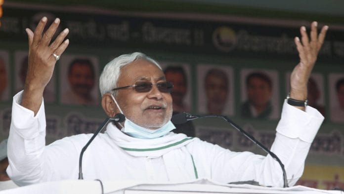 Bihar CM Nitish Kumar during an election rally in Khagaria on 24 October | PTI Photo