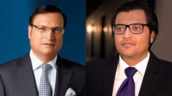 Journalists Rajat Sharma (L) and Arnab Goswami