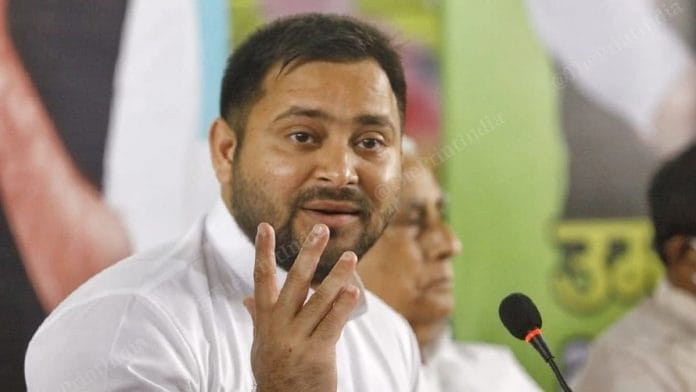 RJD leader Tejashwi Yadav at the launch of the poll manifesto in Patna on 24 October 2020. | Photo: Praveen Jain/ThePrint