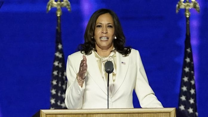 US Vice President-elect Kamala Harris delivers victory speech at Wilmington, Delaware on Saturday, 7 November 2020. AP/PTI Photo