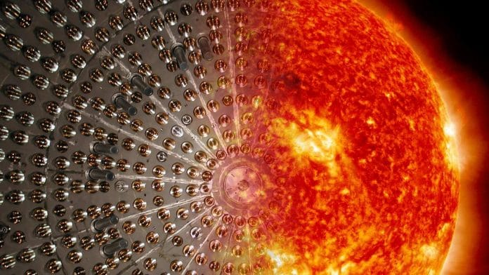 Artistic rendering of the Borexino stainless steel sphere merged with an image of the Sun | Maxim Gromov and Borexino Collaboration