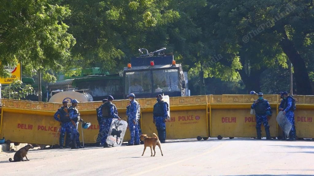 RAF personnel, barricades and water cannons deployed on Parliament Street, New Delhi | Photo: Praveen Jain | ThePrint