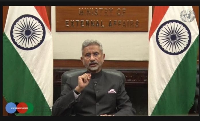 External Affairs Minister S Jaishankar during his virtual address at a global conference on Afghanistan | Twitter/@DrSJaishankar