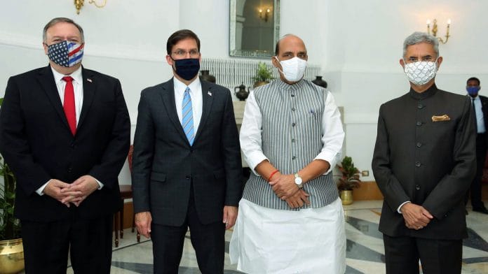 (From left) US Secretary of State Mike Pompeo and Secretary of Defense Mark Esper were in India to meet Defence Minister Rajnath Singh and External Affairs Minister S. Jaishankar for the India-US 2+2 dialogue in October | Photo: ANI