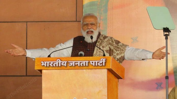 Prime Minister Narendra Modi addresses BJP workers at party headquarters in Delhi on 11 November 2020 | Praveen Jain | ThePrint