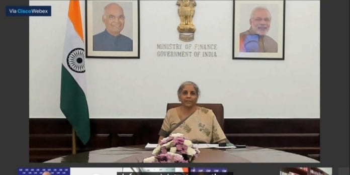 Finance Minister Nirmala Sitharaman addresses the CII conference Monday | Twitter: @FollowCII