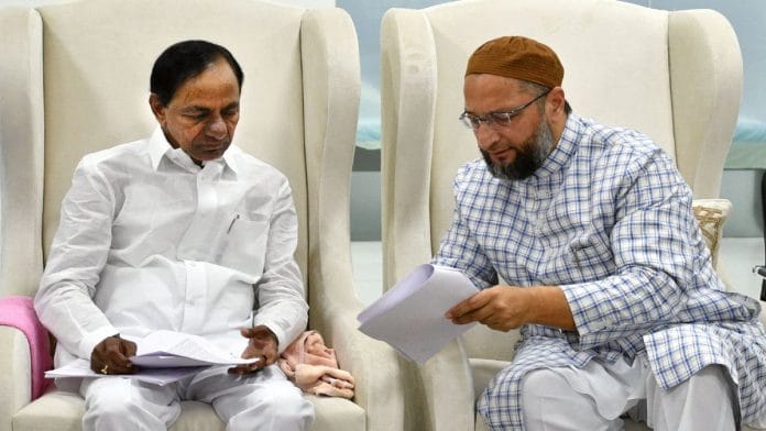 File photo of Telangana CM K. Chandrashekar Rao and AIMIM chief Asaduddin Owaisi | Twitter | @TelanganaCMO