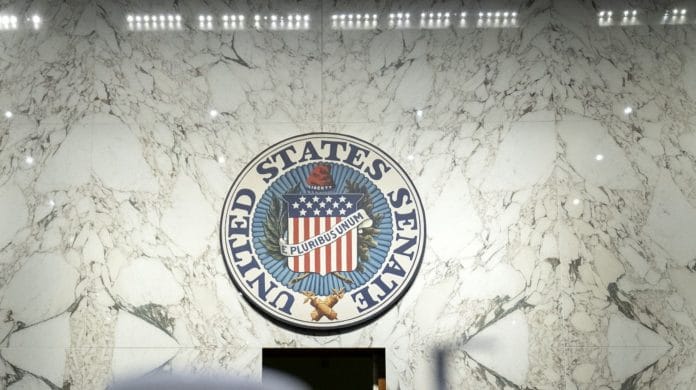 A logo of the US Senate in Hart Senate Office Building in Washington on 9 October | Photo: Stefani Reynolds | Bloomberg