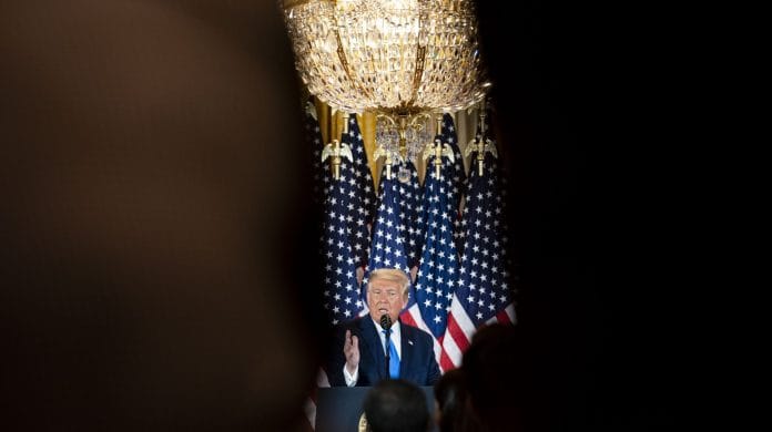 Donald Trump speaks during an election night party in the White House on 4 November