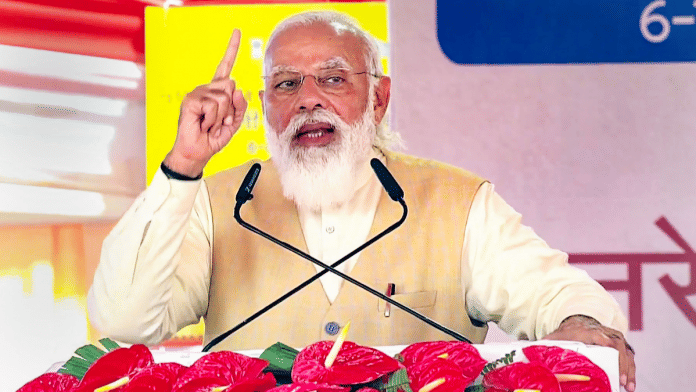 Prime Minister Narendra Modi speaks during the inauguration of widened Prayagraj-Varanasi section of NH-19, in Varanasi on 30 November | PTI