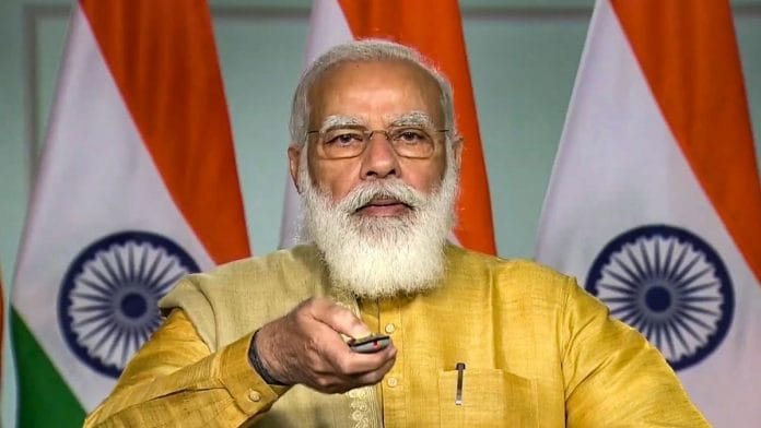 Prime Minister Narendra Modi lays foundation stone of various development projects in Varanasi via video conferencing, from New Delhi, Nov 9, 2020 | PTI