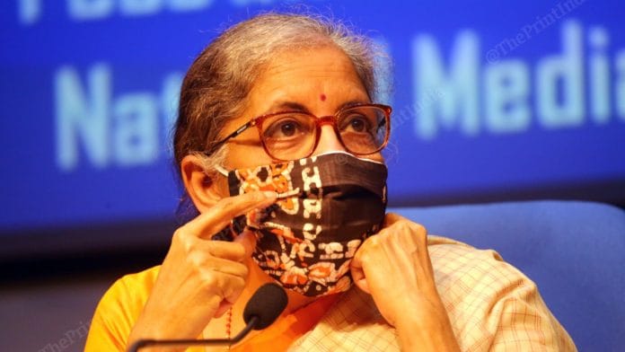Finance Minister Nirmala Sitharaman holds a press conference in New Delhi on 12 November, 2020 | Photo: Praveen Jain | ThePrint