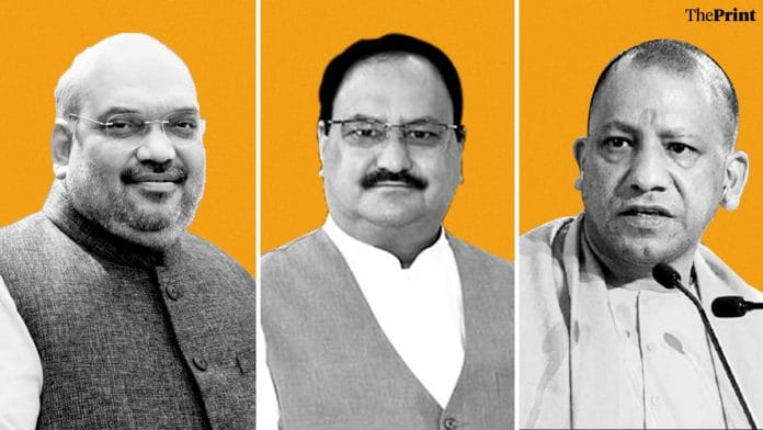(From left) Union Home Minister Amit Shah, national BJP president J.P. Nadda and Uttar Pradesh Chief Minister Yogi Adityanath | Illustration: Ramandeep Kaur