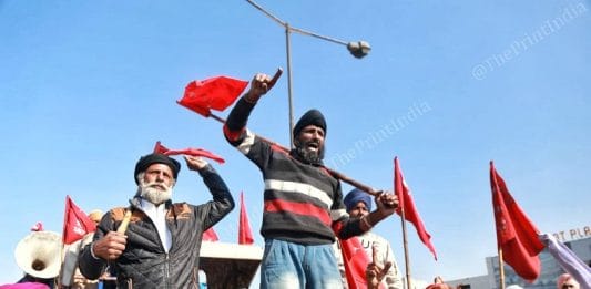 Farmers protesting at the Delhi-Haryana border in Singhu on 27 November