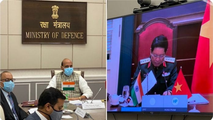 Union Defence Minister Rajnath Singh in interaction with his Vietnamese counterpart Friday | Twitter | @Rajnathsingh