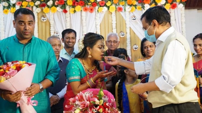 Delhi CM Arvind Kejriwal at the engagement ceremony of his aide Aswathi Muralidharan with Rohit Kumar (left) | Photo: Twitter | @ArvindKejriwal