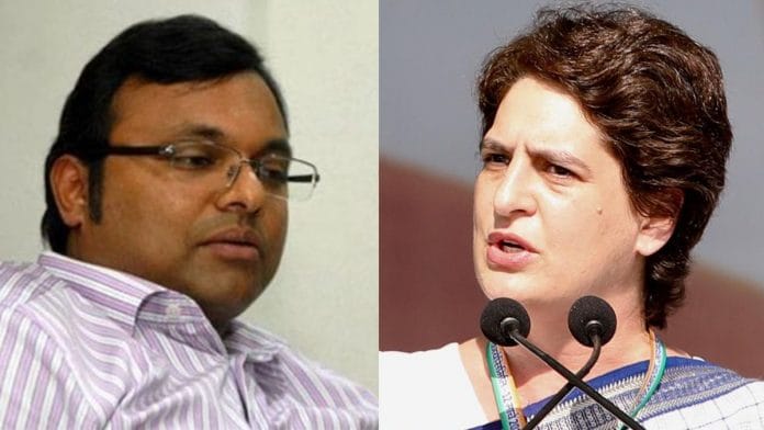Congress leaders Karti Chidambaram and Priyanka Gandhi Vadra | Credit: Twitter/@INCIndia, Facebook/ Karti Chidambaram