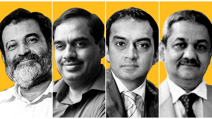 (L-R) Former Infosys chief financial officers Mohandas Pai and V. Balakrishnan, ChrysCapital co-founder Raj Kondur, and Abhay Jain, adviser to Manipal Education & Medical Group