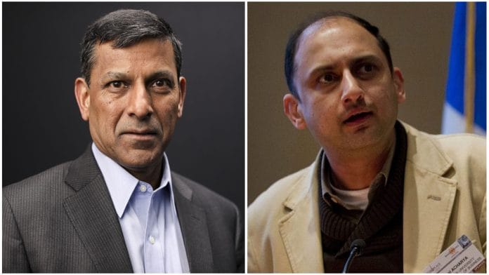 Former RBI governor Raghuram Rajan (L) and former RBI deputy governor Viral Acharya