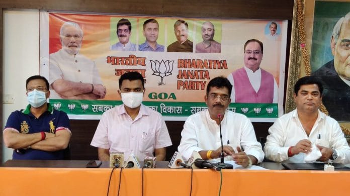 BJP Goa chief Sadanand Shet Tanavade, Chief Minister Pramod Sawant along with state ministers at BJP headquarters in Panaji on 14 December